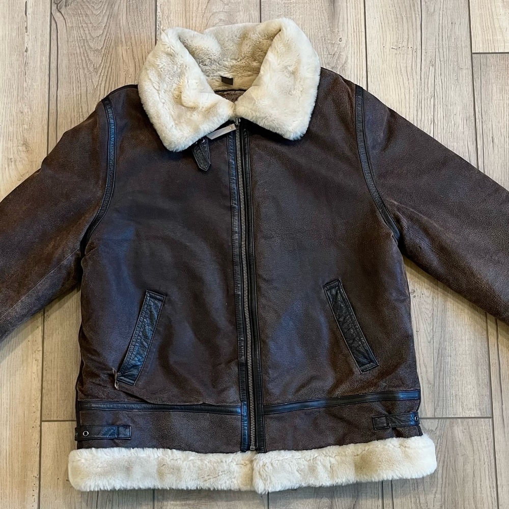 St. John's Bay Unisex Brown Leather Sherpa Lined Aviator Bomber Jacket